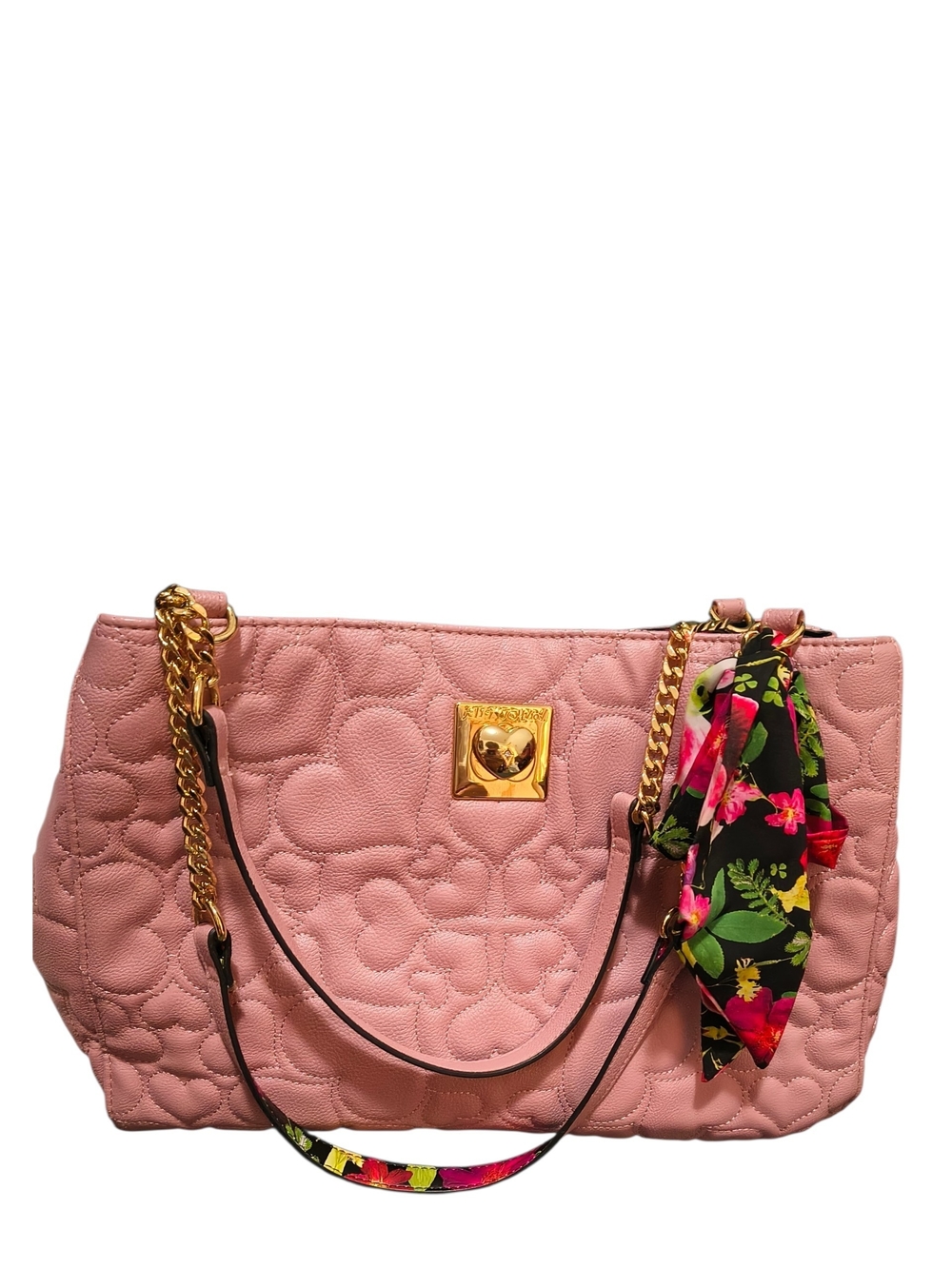 Betsy Johnson Quilted Pink Heart Tote with Gold Chain Accents
